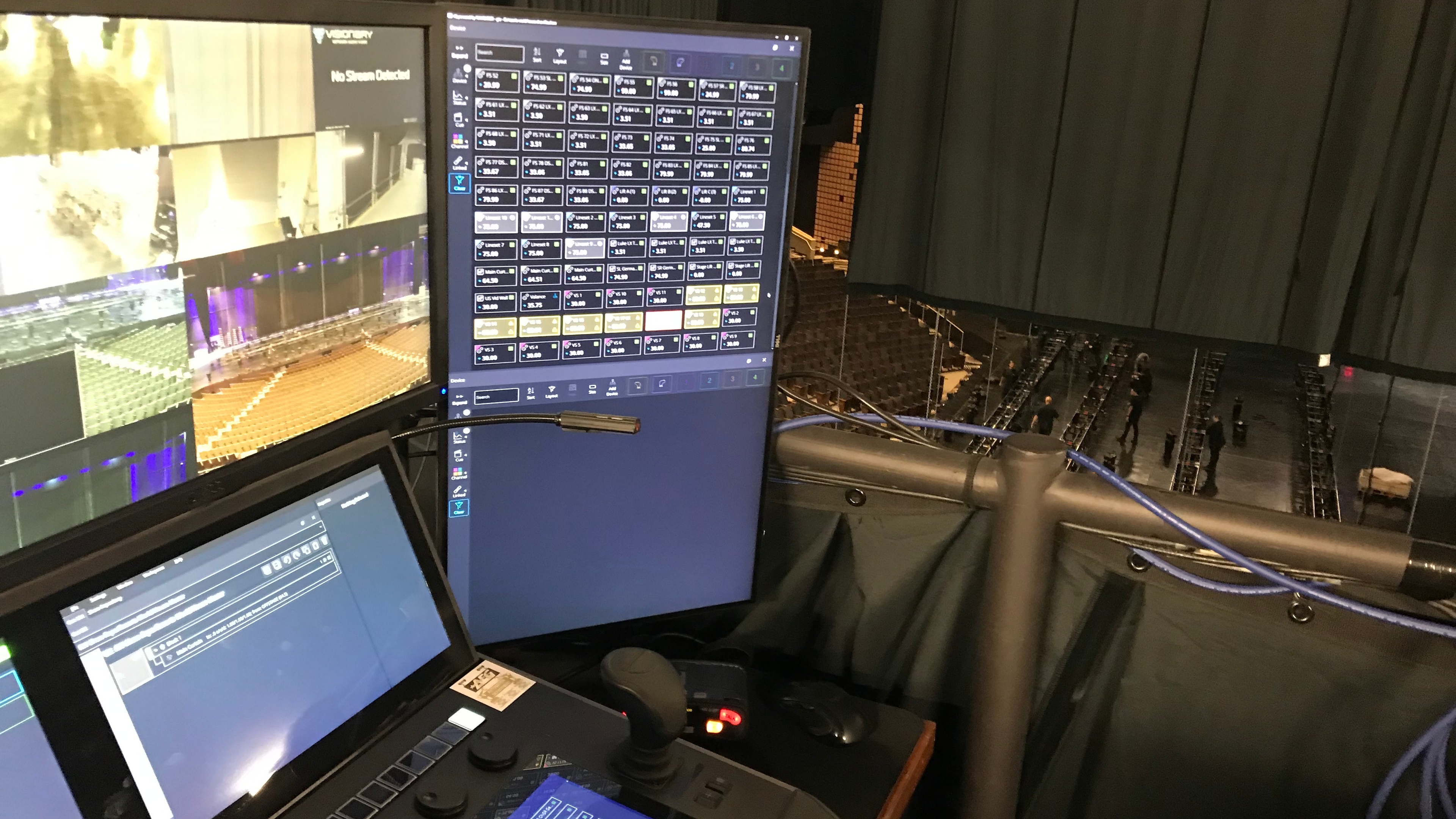 epiQ console and computer screen backstage operating multiple components