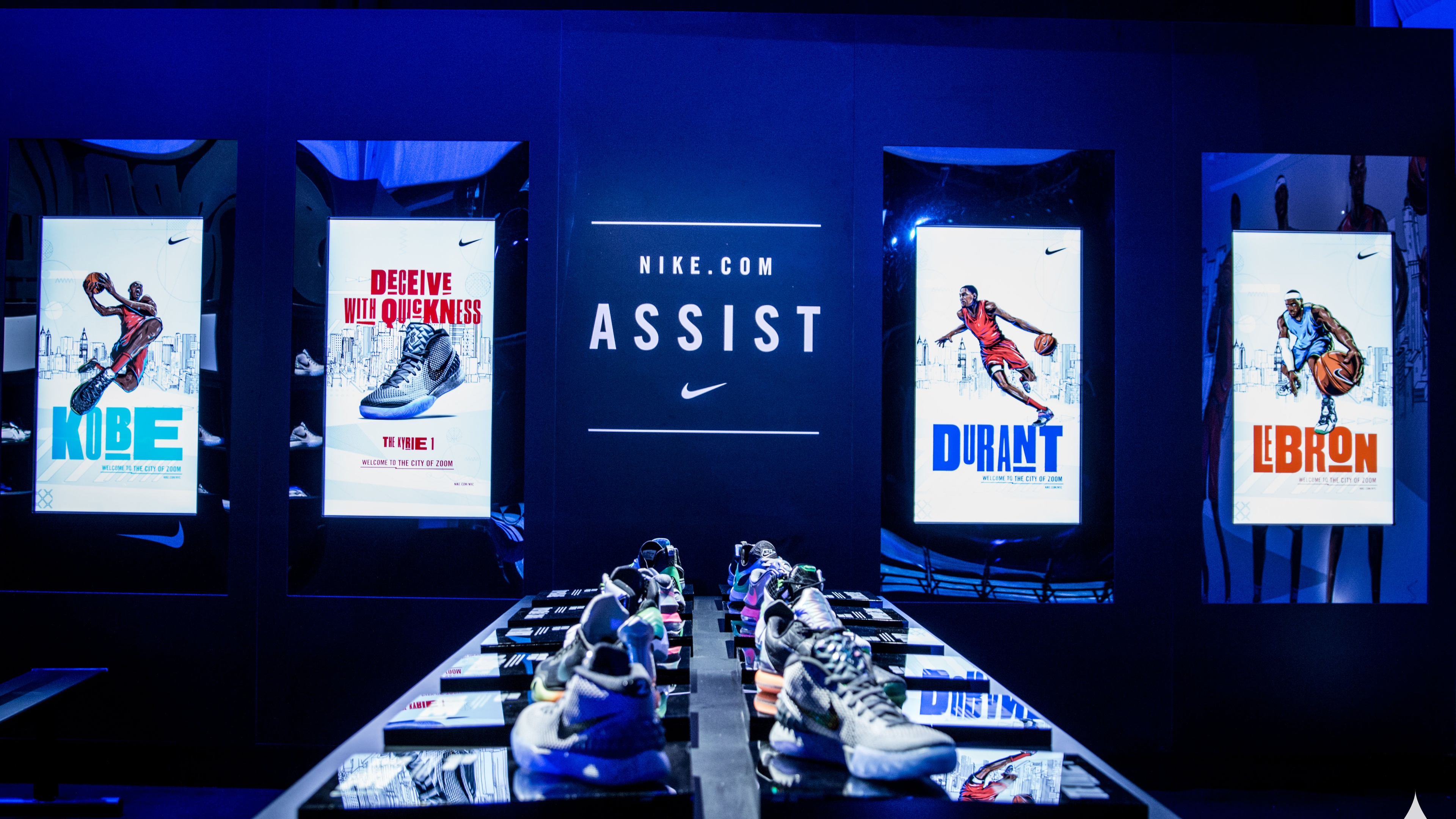 Basketball shoes lined up displayed
