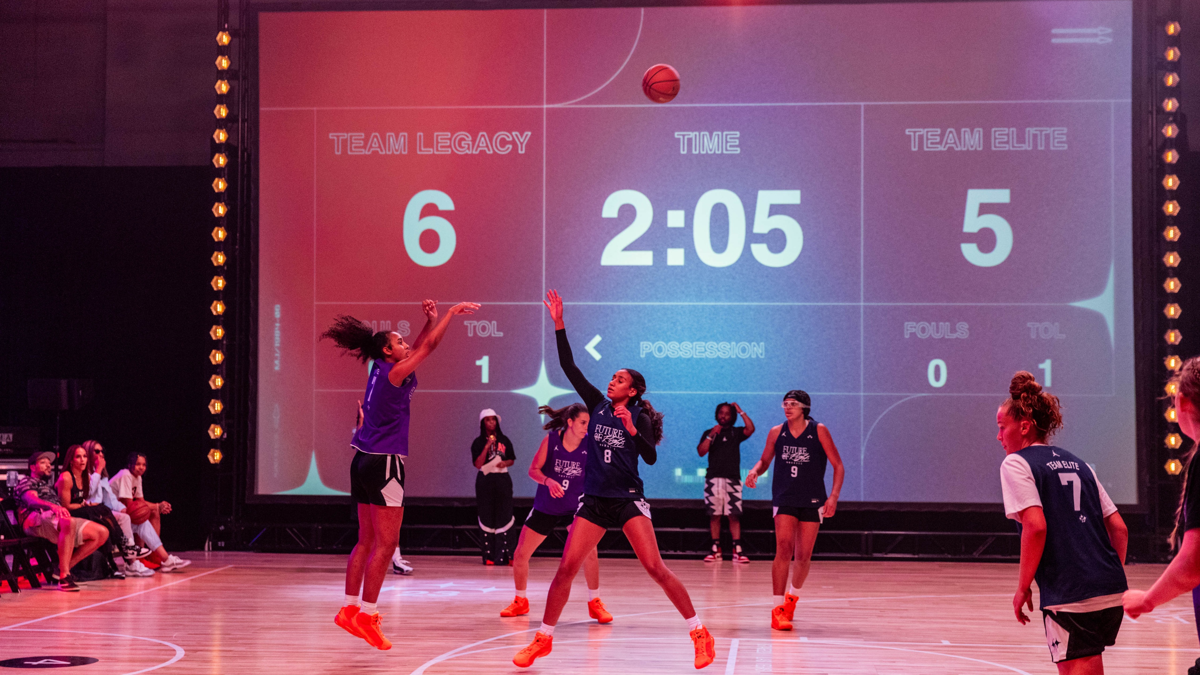 Nike Jordan Brand WNBA All-Star Weekend Las Vegas women playing basketball in court, ball in the air