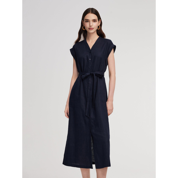 100% Linen V-Neck Self-Tie Belt Maxi Dress