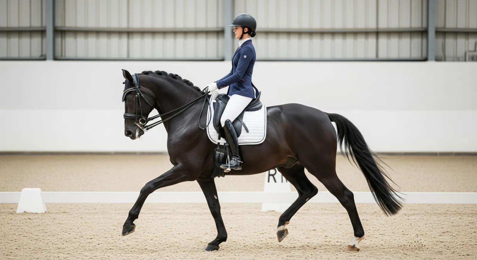 A dressage horse and rider demonstrating balanced, forward movement