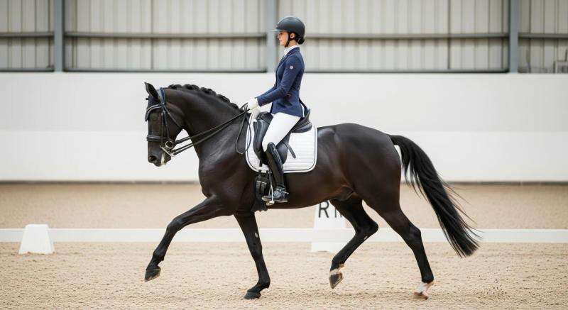 A dressage horse and rider demonstrating balanced, forward movement
