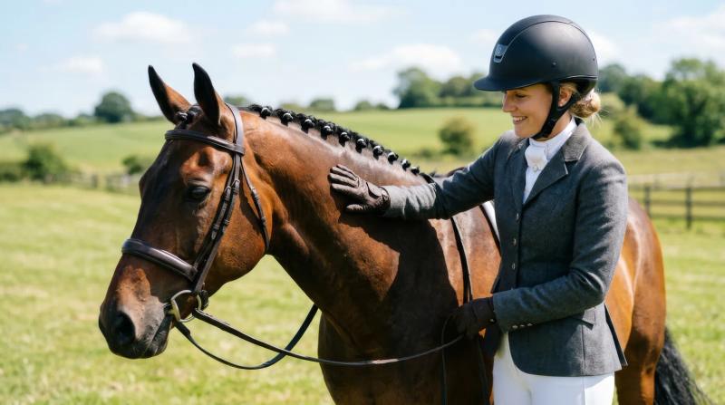 An equestrian woman in a considered barn outfit in warm editorial light