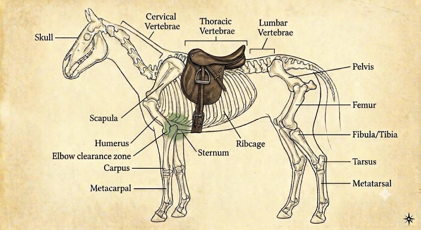 Horse skeletal anatomy diagram showing girth placement, elbow clearance zone, and key anatomical landmarks including scapula, humerus, ribcage, sternum, and vertebrae