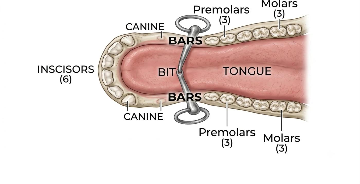 Cross-section of equine mouth showing bit placement, bars, tongue, canines, incisors, premolars, and molars