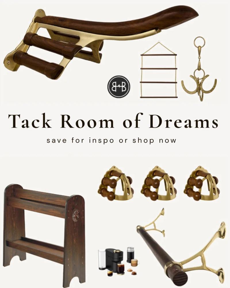 A finished tack room with saddle rack, warm wood and brass