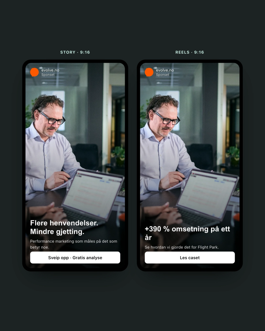 Eksempler på annonser for Stories og Reels med Evolve Communication som annonsør