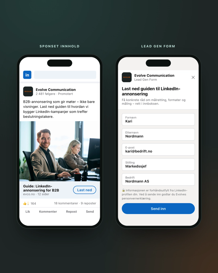 LinkedIn-annonse med sponset innhold og Lead Gen Form fra Evolve Communication