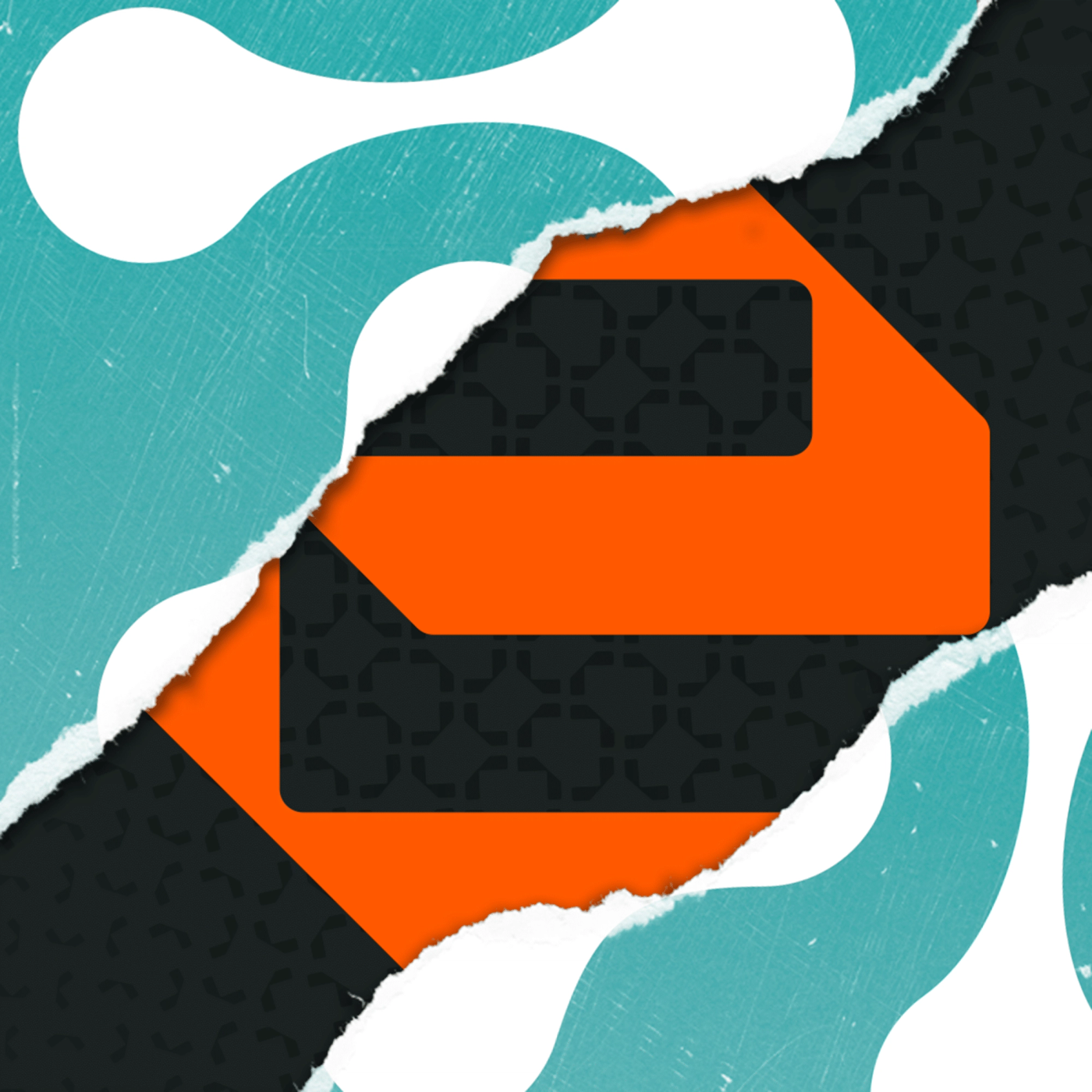 Grafisk Evolve-logo i oransje mot turkis og mørk bakgrunn med revet papirkant