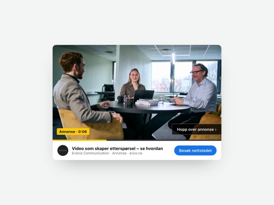 YouTube-annonse fra Evolve Communication med «Hopp over annonse»