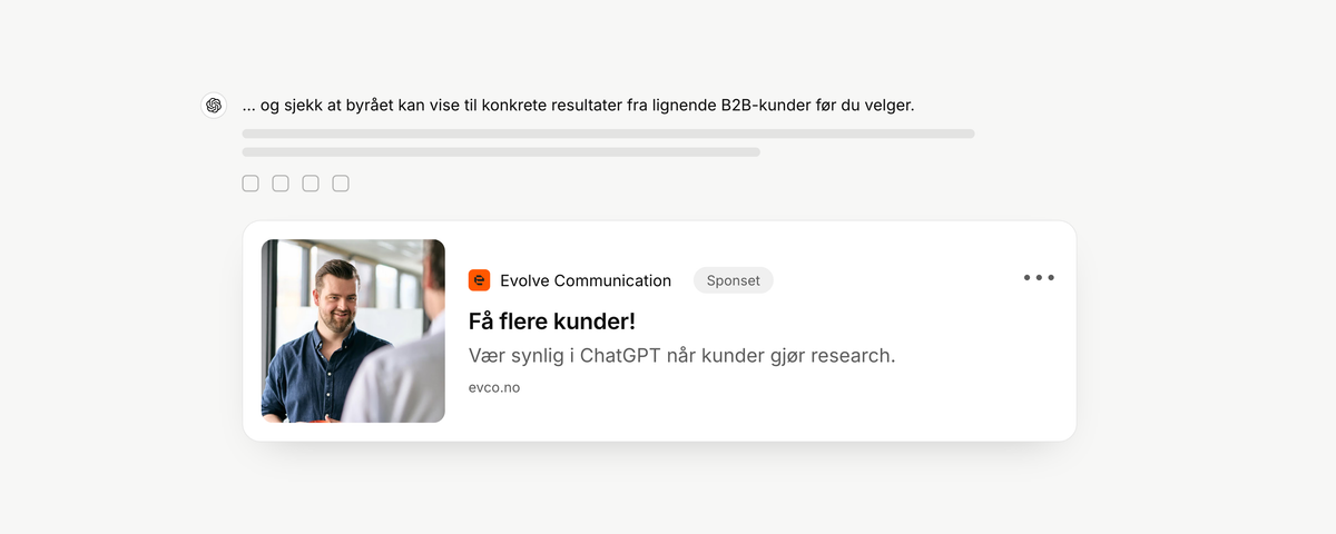 Eksempel på hvordan en annonse i ChatGPT ser ut: et sponset kort fra Evolve Communication under svaret, med bilde, tittel, beskrivelse og «Sponset»-merke