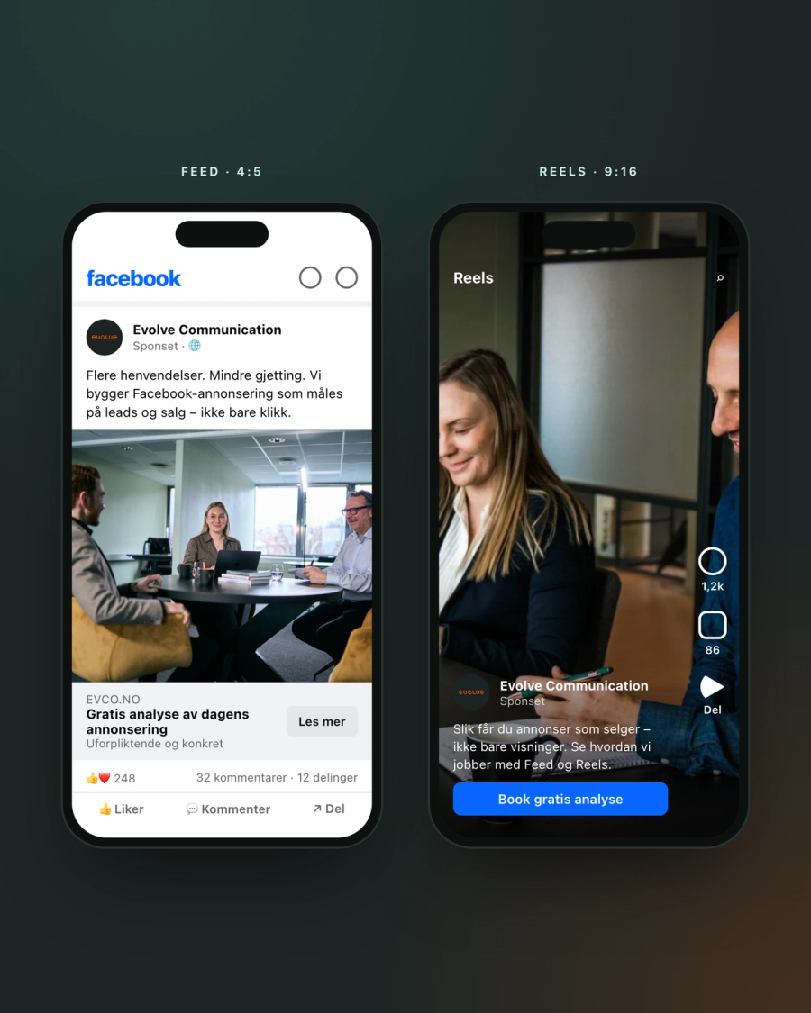 Facebook-annonser fra Evolve Communication i Feed og Reels