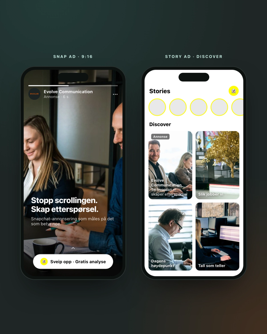 Snapchat-annonser fra Evolve Communication som Snap Ad og Story Ad i Discover