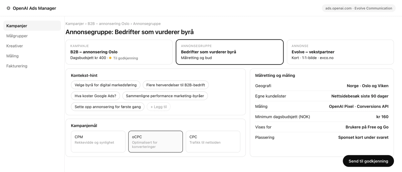 OpenAI Ads Manager med annonsegruppe, kontekst-hint, kampanjemål og målretting