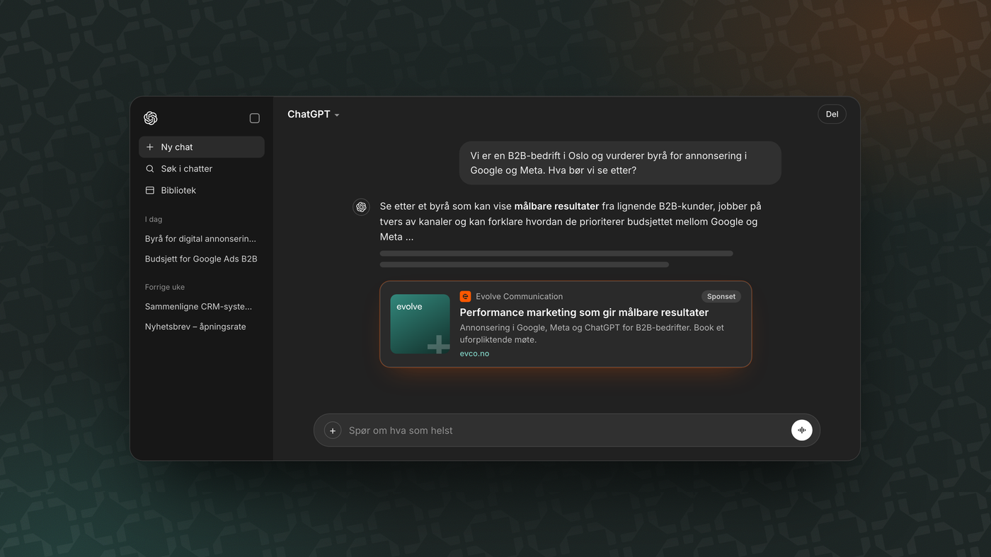 ChatGPT-vindu i mørkt design der et sponset Evolve-kort vises under svaret, tydelig merket «Sponset»