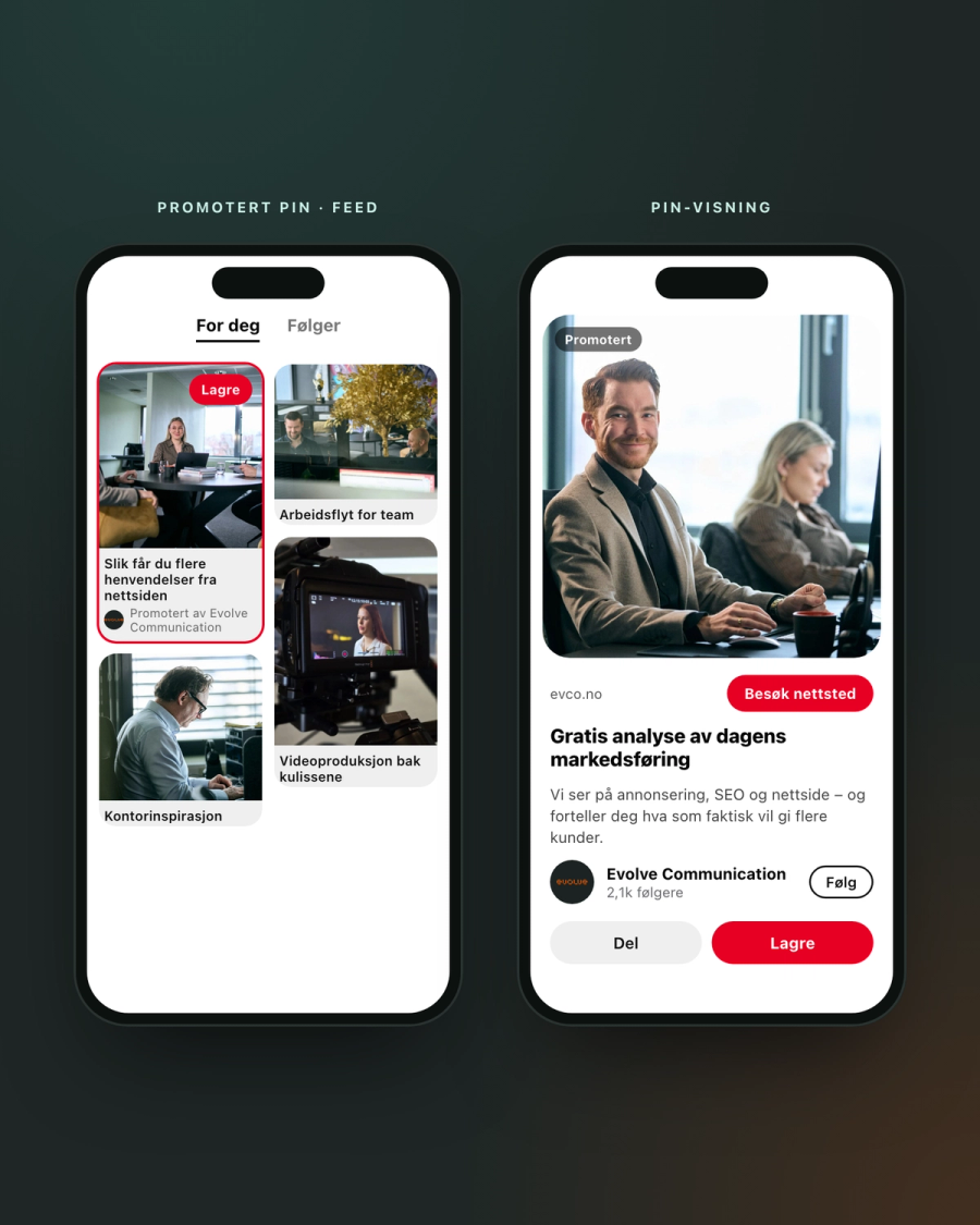 Pinterest-annonser fra Evolve Communication som promotert pin i feeden og i pin-visning