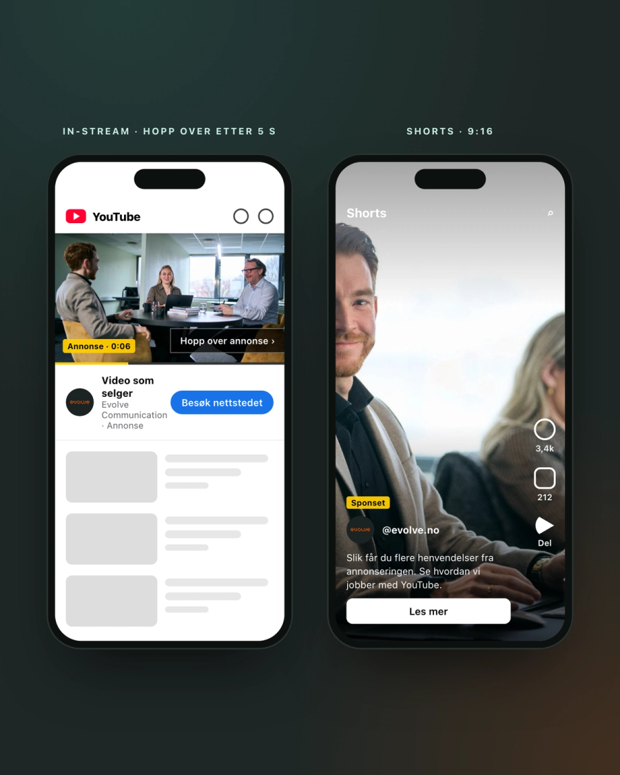 YouTube-annonser fra Evolve Communication som in-stream-annonse og i Shorts