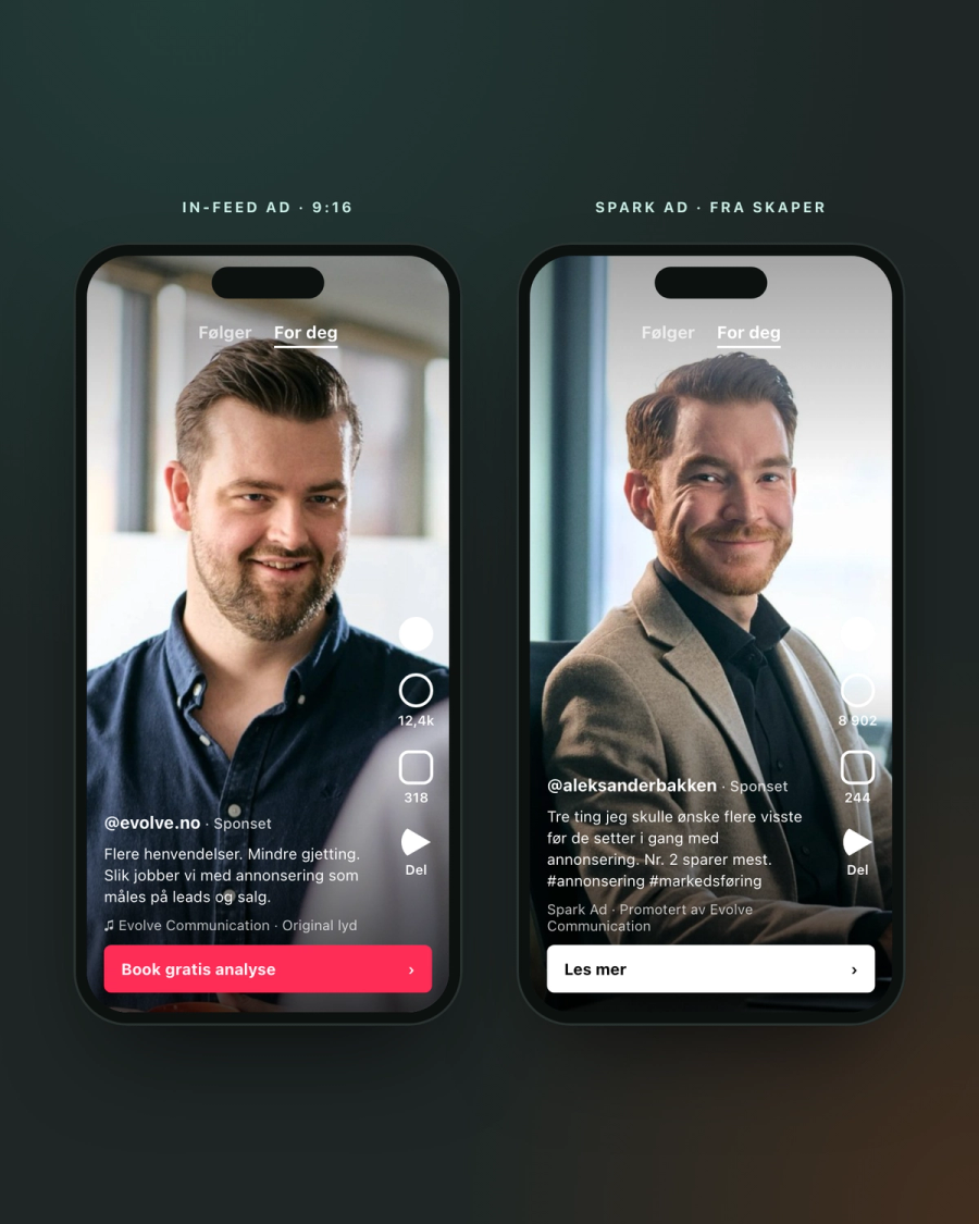 TikTok-annonser fra Evolve Communication som In-Feed Ad og Spark Ad fra skaper
