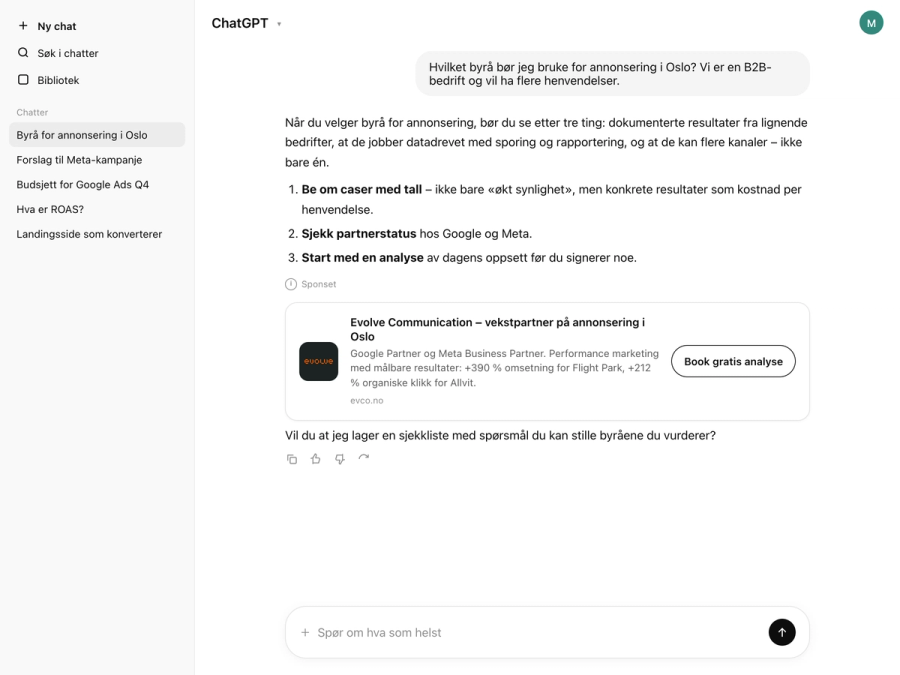 Sponset anbefaling av Evolve Communication i et ChatGPT-svar