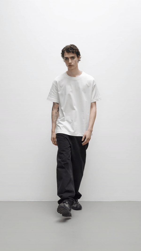 Contemporary collection, man wearing True Blanks mens boxy tee