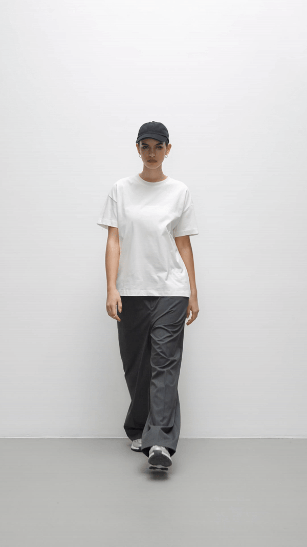 Contemporary collection, woman wearing True Blanks womens oversized tee