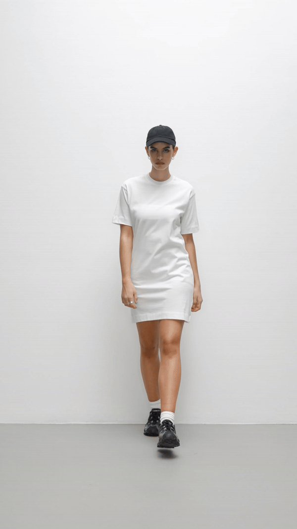 Contemporary collection, woman wearing True Blanks womens tee dress