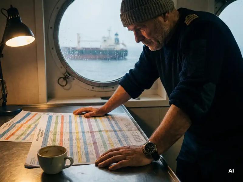Maritime crew manager studying color-coded voyage schedule on steel desk, cargo ship visible through rain-streaked porthole behind them.
