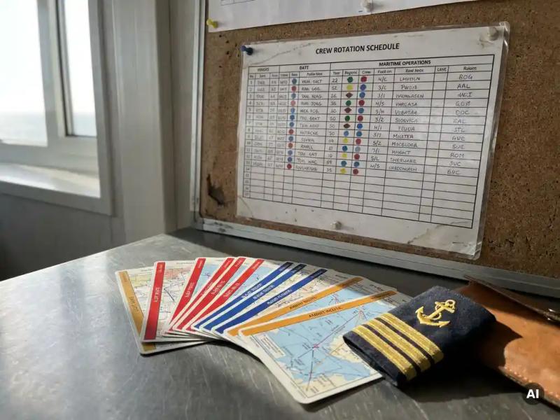Laminated crew rotation schedule pinned to a maritime operations board with color-coded flight route cards and a pilot's epaulette badge on a steel-gray surface.