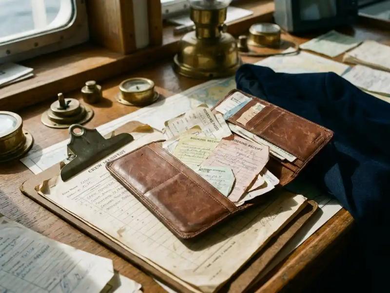 Worn leather travel wallet spilling crumpled boarding passes and booking receipts onto a maritime desk, crew manifest clipboard pinned beneath scattered documents.