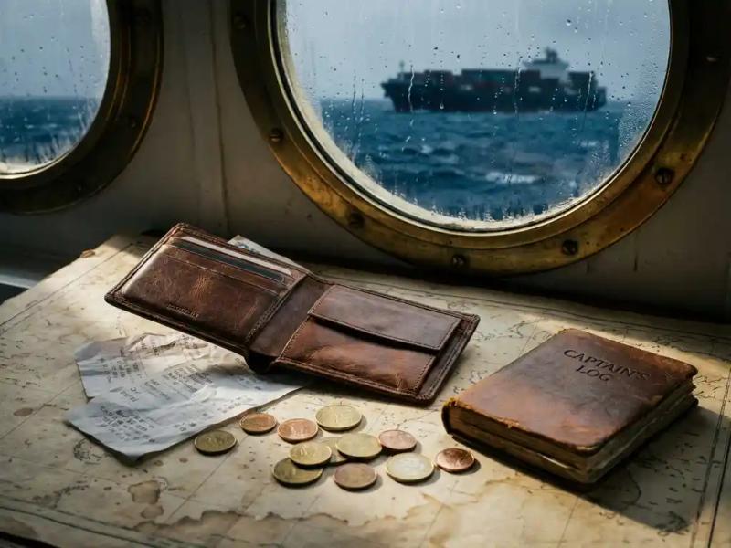 Open leather wallet on a maritime chart with crumpled receipts, loose coins, and a captain's logbook, container ship visible through a rain-streaked porthole.
