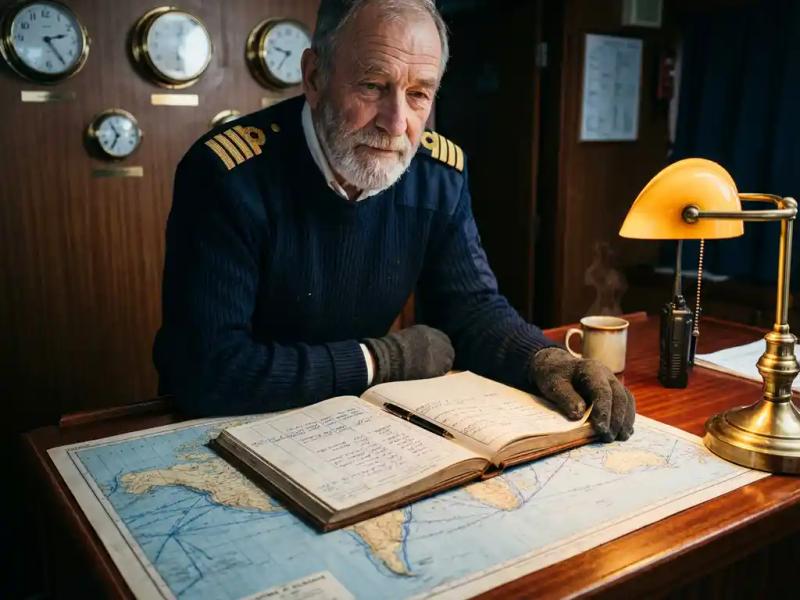 Maritime officer studying shipping routes on a world map logbook under warm lamplight, analog clocks on wall behind