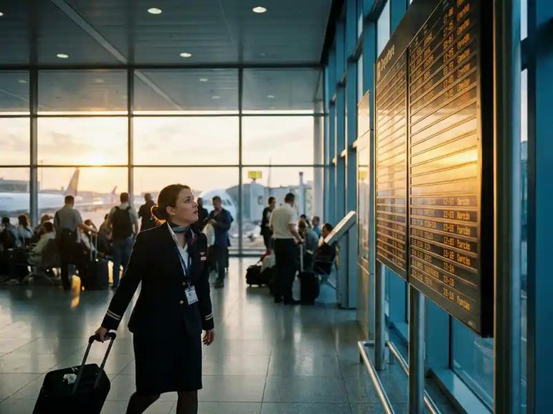 Airline crew member rushing through airport terminal with rolling luggage, checking departure board, aircraft visible through floor-to-ceiling windows in golden afternoon light.