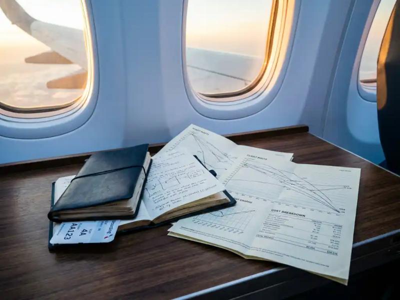 Leather-bound operations notebook open beside flight route maps and cost sheets on a walnut desk, with a boarding pass and aircraft window in the background.