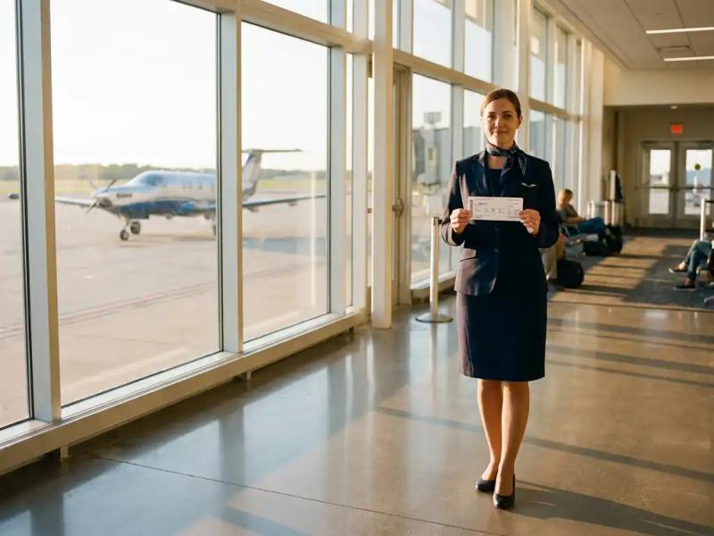 Airline crew member holding a boarding pass at a regional airport gate, small propeller aircraft visible through sunlit floor-to-ceiling windows.