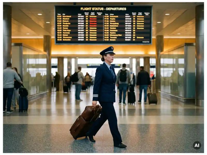 Airline crew member rolling a carry-on through a busy international airport terminal beneath a lit departure board.