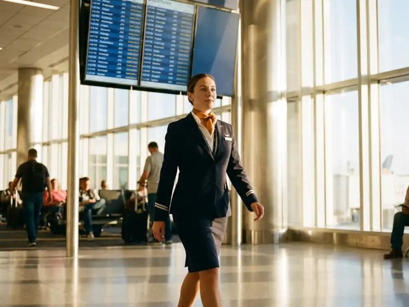 Airline crew member walking confidently through a sunlit airport terminal with a departure board visible in the background.