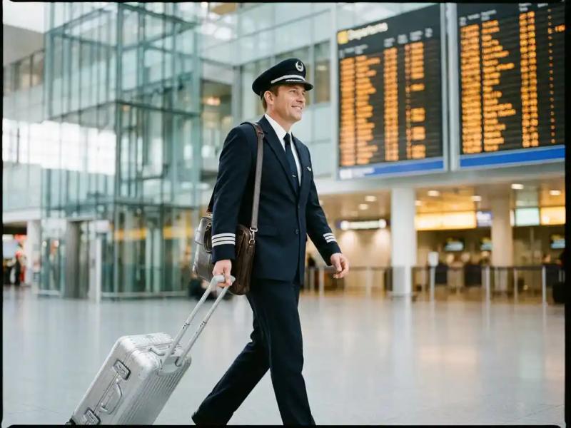 Commercial pilot rolling a carry-on suitcase through a modern airport terminal, laptop bag over one shoulder, departure boards blurred in background.