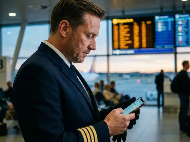 Pilot in uniform checking flight itinerary on smartphone at airport gate, departure board and runway glow visible in background.
