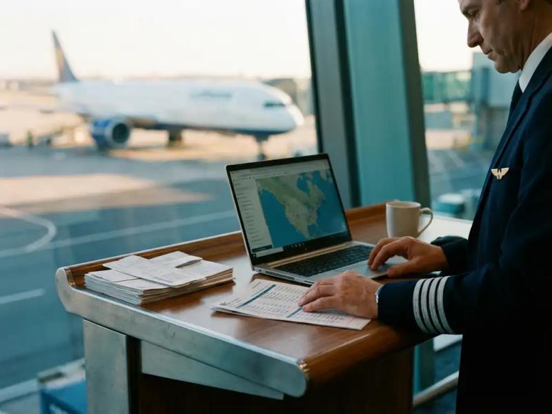 Airline pilot in uniform reviewing flight schedule and documents at airport operations desk, aircraft visible on tarmac at dawn.