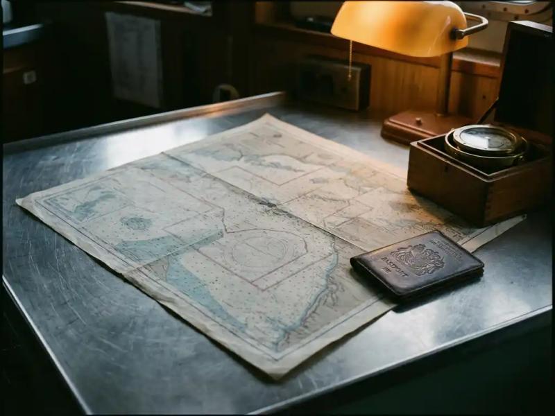 Worn nautical chart on a steel navigation desk with a passport and compass, red zone markings visible under warm amber light.