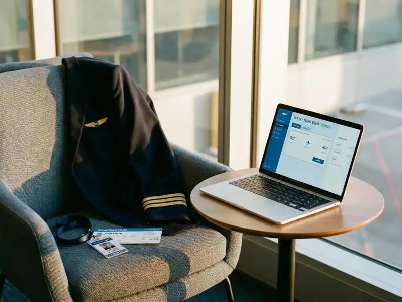 Pilot's uniform jacket draped over airport lounge chair beside an open laptop showing a booking dashboard, boarding pass and crew ID lanyard on armrest.