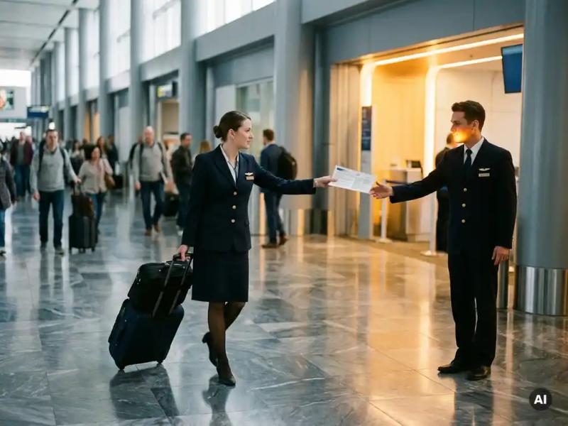 Airline crew member receiving a laminated flight schedule at a modern airport terminal, navy uniforms and rolling luggage under warm amber gate lighting.