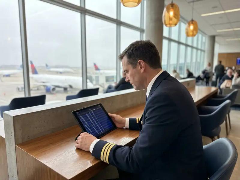 Airline crew member reviewing a flight manifest on a tablet at an airport gate, with aircraft visible through floor-to-ceiling windows behind.