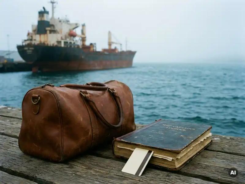 Worn leather travel bag and captain's logbook on a harbor dock, cargo ship moored in misty background, hotel key card tucked between pages.