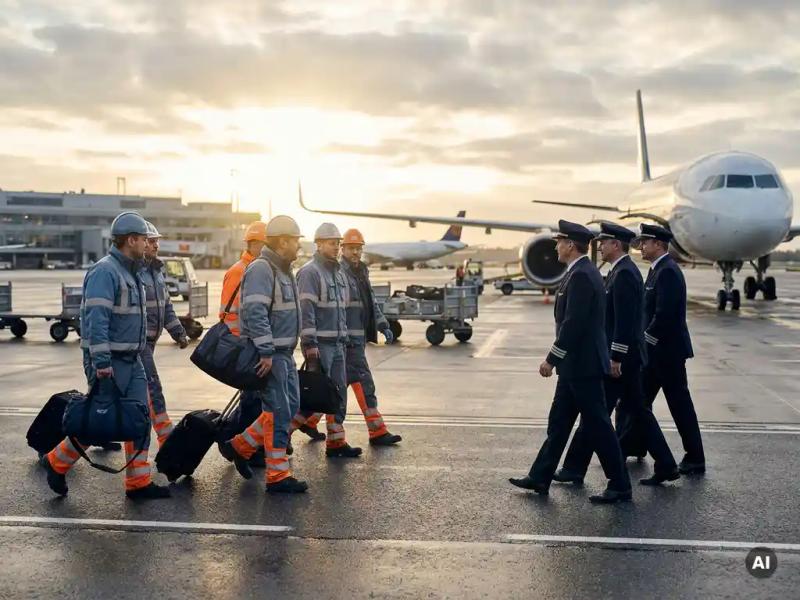 Airport crew handoff on tarmac as ground workers in high-vis vests and flight crew with luggage pass each other mid-stride.