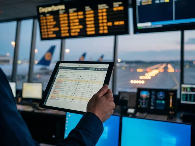 Flight dispatcher holding a crew scheduling tablet in an airline operations center, with departure boards and aircraft visible through floor-to-ceiling windows.