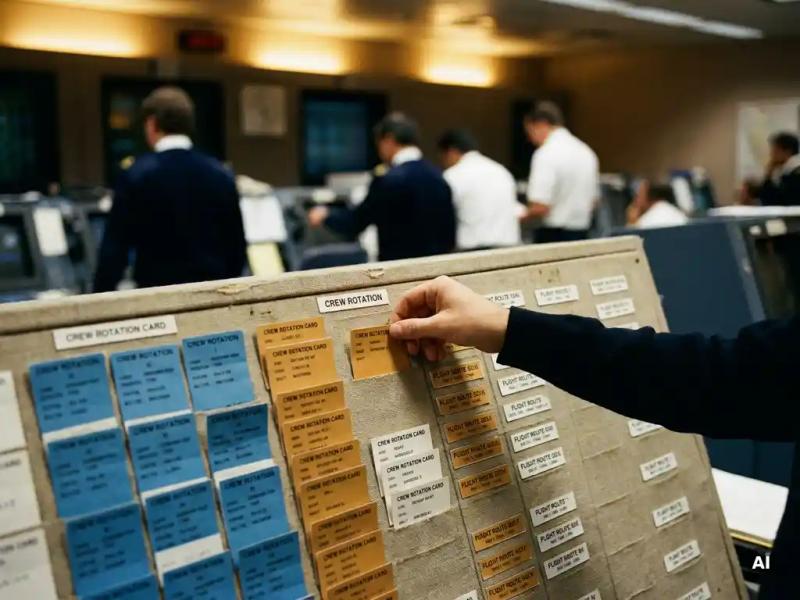 Hand repositioning a color-coded crew rotation card on a worn airline scheduling board in a busy operations room.