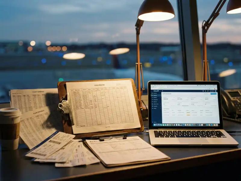 Airline crew roster on a clipboard beside an open laptop, surrounded by flight schedules and boarding passes on an airport operations desk.