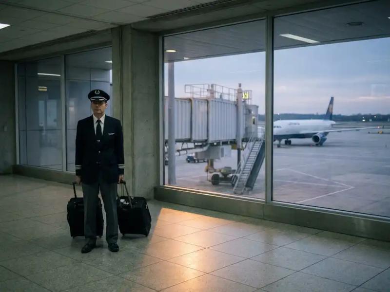 Airline crew member standing still in an empty airport gate corridor, luggage nearby, grounded aircraft visible through jet bridge windows.