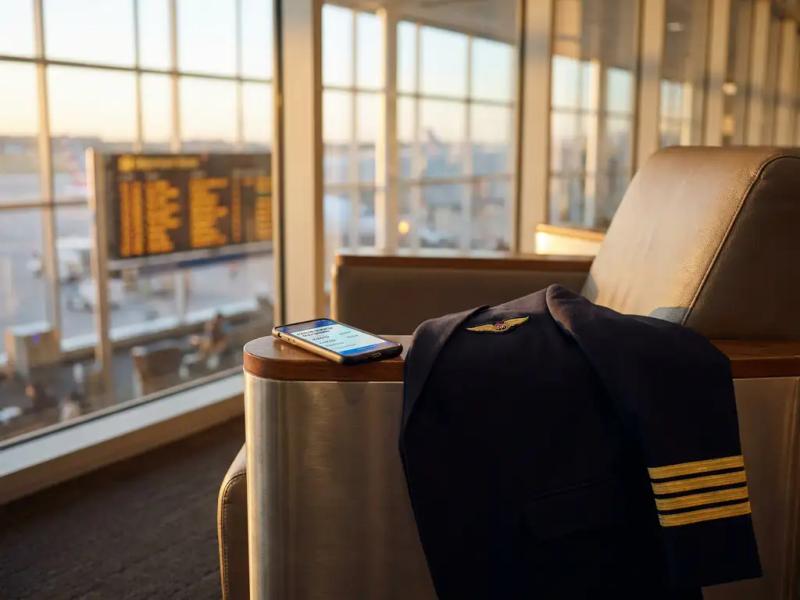 Airline captain's uniform jacket on airport lounge chair, smartphone showing confirmed booking, terminal windows glowing in background.